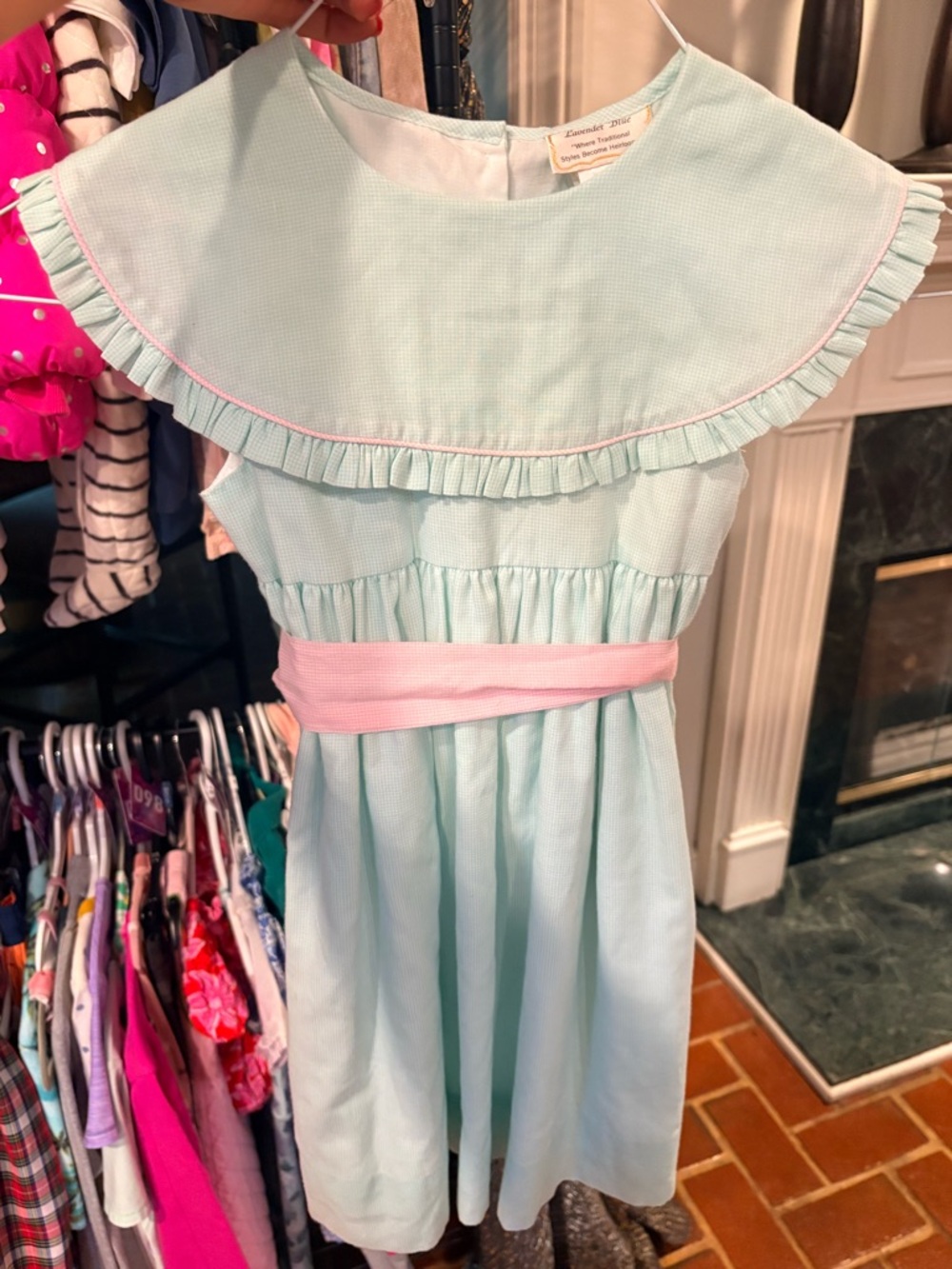 Light Blue Ruffle Collar Dress with Pink Sash
